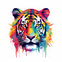 ILLUSTRATION OF A COLORFUL TIGER WITH VIBRANT BRIGHT COLORS AND MAKE IT VERY ARTISTIC, WHITE BACKGROUND