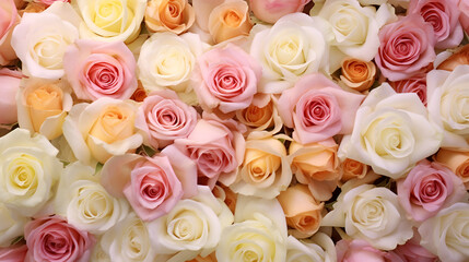 Obraz na płótnie Canvas soft colored roses bouquet wallpaper, white, pink yellow flower, floral bunch cute, ai generative
