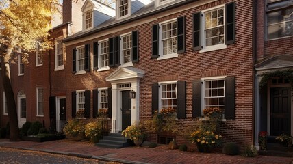 Home architecture design in Traditional Style with Central chimney constructed by Brick and Wood material. American Federal style. Generative AI AIG25 .