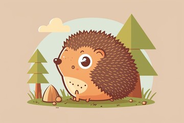cute hedgehog sitting beside a tree in a grassy field. Generative AI