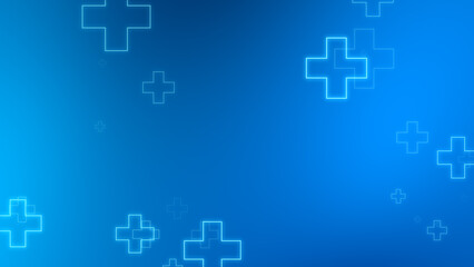Obraz premium Medical health blue cross neon light shapes pattern background. Abstract healthcare technology and science concept.