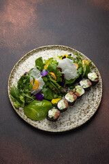 Delicious Japanese rolls from a restaurant. Close-up