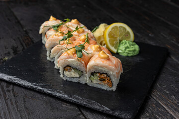 Delicious Japanese rolls from a restaurant. Close-up