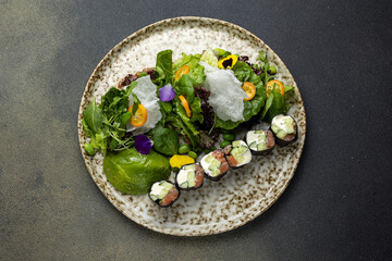 Delicious Japanese rolls from a restaurant. Close-up