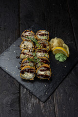 Delicious Japanese rolls from a restaurant. Close-up