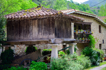 Horreo, typical granary with pillars near Cangas de Onis, mountain village, Picos de Europa mountains, Asturias, North of Spain