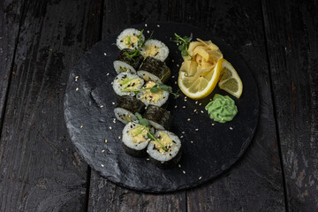 Delicious Japanese rolls from a restaurant. Close-up
