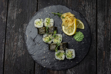 Delicious Japanese rolls from a restaurant. Close-up