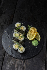Delicious Japanese rolls from a restaurant. Close-up