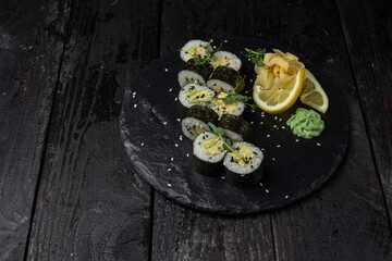 Delicious Japanese rolls from a restaurant. Close-up