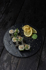 Delicious Japanese rolls from a restaurant. Close-up