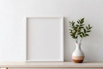 Fototapeta na wymiar Empty horizontal frame mockup in modern minimalist interior with plant in trendy vase on white wall background, Template for artwork, painting, photo or poster