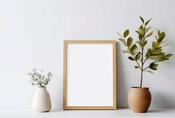 Empty horizontal frame mockup in modern minimalist interior with plant in trendy vase on white wall background, Template for artwork, painting, photo or poster