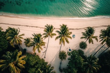 Aerial view of a sandy beach with palm palms and the water. Generative AI