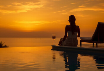 Woman watching the sunset with a cocktail in an infinity pool, showcasing luxury lifestyle, vacation, resort, wealth, and opulence, generative ai