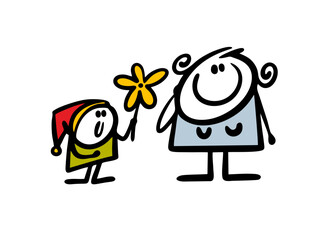 Dwarf in a red hat gives a flower to cute snow white. Vector illustration of a stickman from a children fairy tale.