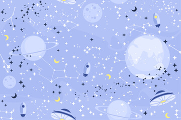 Fototapeta na wymiar Vector flat space seamless pattern background. Cute color template with Rocket, Moon, Stars in Outer space. Infinite space.