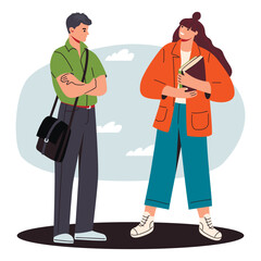 Adult guy with a bag and a girl with books in their hands.Students stand and chat with each other.Young man and woman have fun together.Modern characters on a white.Vector cartoon flat illustration.