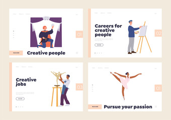 Set of landing page design template with people character of creative profession enjoying arts