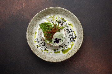 A delicious salad from a restaurant. Close-up