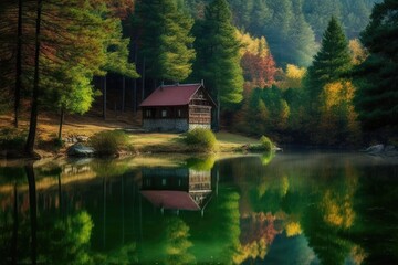 Fototapeta premium Bolu Golcuk National Park, Wooden Lake House in the Forest, Bolu. Generative AI
