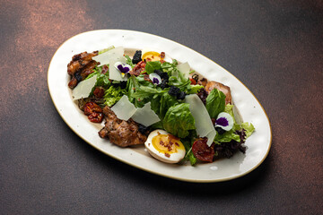 A delicious salad from a restaurant. Close-up