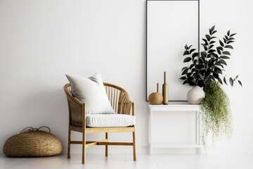 minimalistic white room with a chair and a potted plant. Generative AI