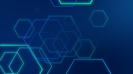 Abstract hexagon geometric blue neon lights technology dark background.
