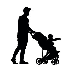 Obraz na płótnie Canvas Father pushing toddler child in carriage while walking side view silhouette.