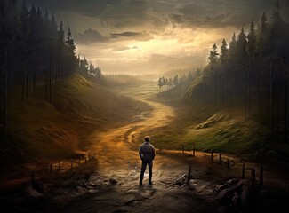 Confused man chooses road outdoor. Created with Generative AI technology.