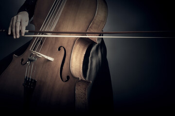 Cello player. Cellist hands playing cello with bow closeup