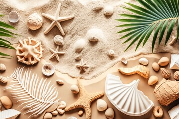 Fototapeta na wymiar Background of beach with seashells and palms. Summer vacation at the beach. Generative AI
