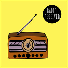 radio receiver on yellow background with an antenna for receiving channels, frequencies. Listen to podcasts, broadcasts, music hits. Retro device. Radio cassette vector