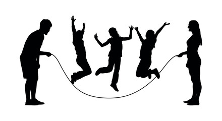 Parent and kids playing jumping rope vector silhouette