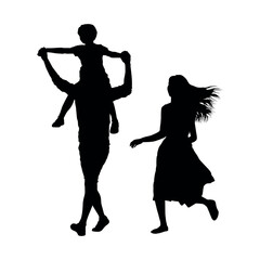 Father carrying his little son on shoulders vector silhouette.