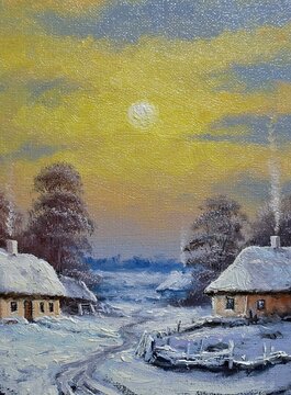 Oil paintings rural landscape, old village, winter landscape with snow covered trees, winter landscape with snow covered bridge