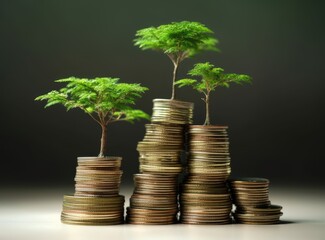 Showing financial developments and business growth with a growing tree on a coin. Created with Generative AI technology.