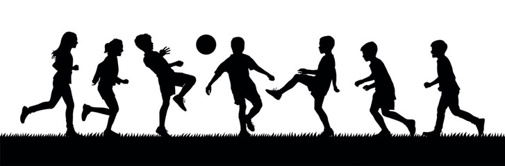 Fototapeta na wymiar Group of boys playing football together on grass field vector silhouette.