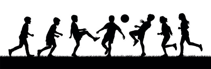 Fototapeta na wymiar Boys playing football together on grass field vector silhouette set.