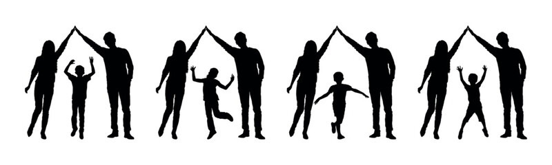 Parents making a roof symbol with hands gesture above kids silhouette.