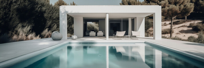 A white summer house by the pool, Generative AI