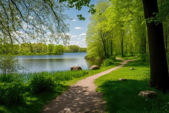 A lake in a park is surrounded by green trees in the sunlight, and there is a stone path in the front. This is a lovely image from the summer or spring. Generative AI