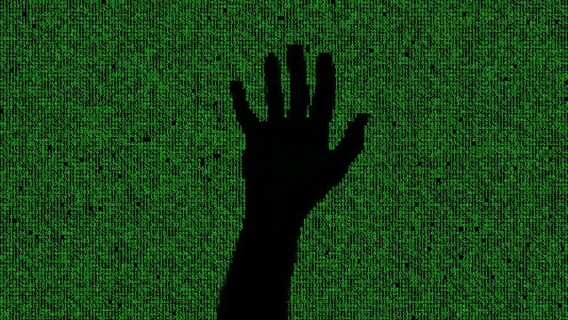 Seen through the matrix (green random character creating the image): a silhouetted hand appearing and gesturing for help, open palm, imploring to stop.
