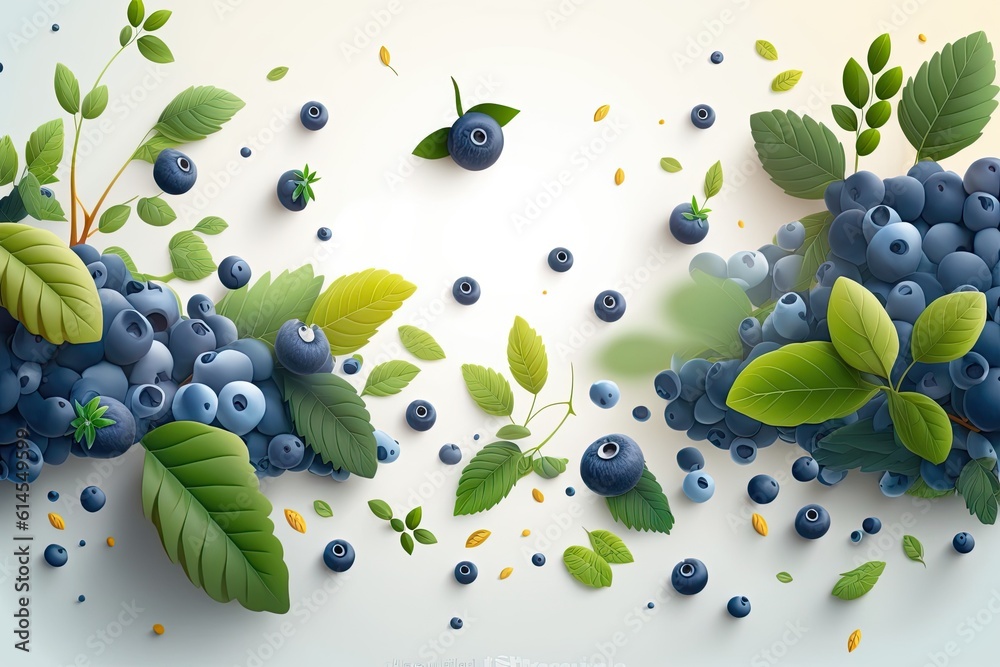 Poster fresh blueberries and leaves on a clean white background. Generative AI