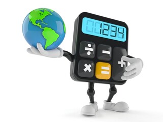 Calculator character holding world globe