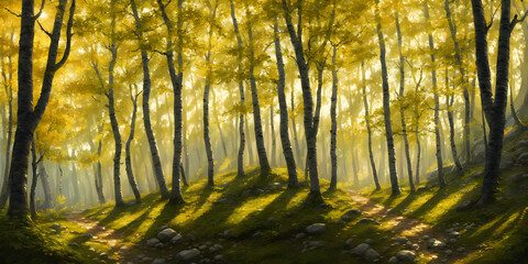 Obraz premium Autumn forest with sun rays through the trees. Beautiful green forest with pond and reflection of sun in the water. Beautiful nature landscape. Generative AI technology.