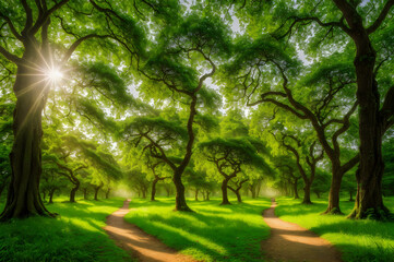 Fototapeta na wymiar Beautiful nature landscape with green tree and sunlight in the morning. Beautiful nature landscape. Generative AI technology.