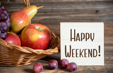 Fall Decoration with Fruits and Text Happy Weekend