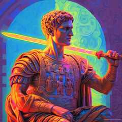 roman emperor augustus, divine, colorful, psychedelic, golden armor, enormous sword, neon