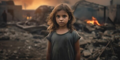 Small child war orphan survivor in a destroyed city